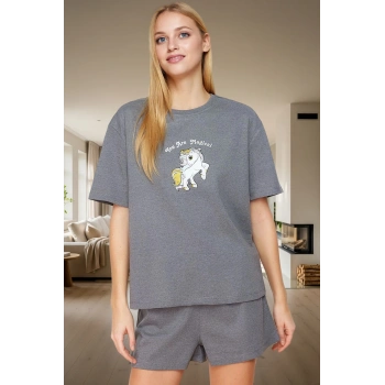 Kadın Melanj Baskılı Pijama Takımı Regular Kalıp Kısa Kollu Yazlık Günlük Kullanım İçin Yüksek Kalite