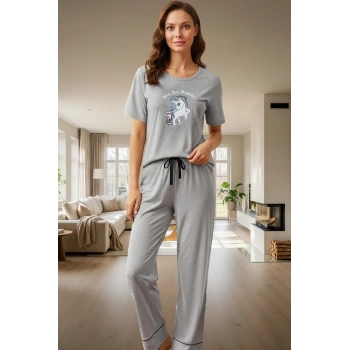 Kadın Melanj Pamuklu Pijama Takımı Unicorn Baskılı Rahat Ve Şık Günlük Kullanım İçin