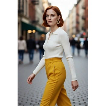 Kadın Merserize Görünümlü İnce Yapılı Uzun Kollu Polo Yaka Triko Kazak Şık ve Rahat Kaliteli