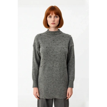 Kadın Metal İnci Detaylı Bisiklet Yaka Düşük Kol Regular Kalıp Triko Kazak Kışlık Kombinlerinize