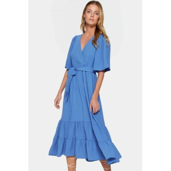 Kadın Midi Boy Aerobin Dokuma Elbise Kuşaklı V Yaka Tasarım Kaliteli İşçilik