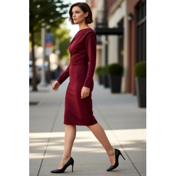 Kadın Midi Boy Asimetrik Kayık Yaka Bodycon Uzun Kollu Scuba Krep Örme Elbise Şık Kışlık Giyim