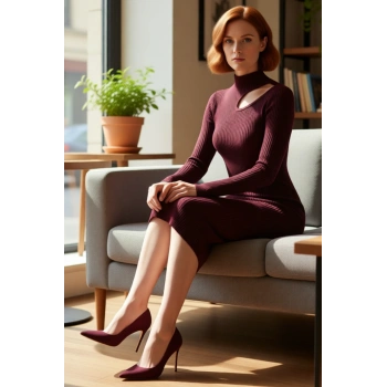 Kadın Midi Boy Bodycon Triko Elbise Fitilli Dokuma Dik Yaka Cut Out Detaylı Şık Uzun Kol Kaliteli