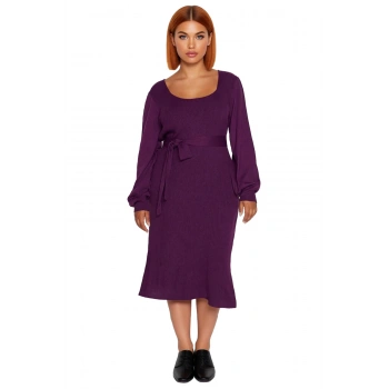 Kadın Midi Boy Bodycon Triko Elbise Kare Yaka Balon Kol Kuşaklı Fitilli Şık Kışlık Tasarım