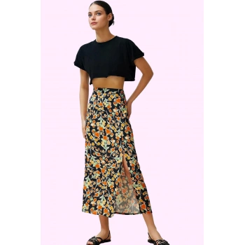 Kadın Midi Boy Çok Çiçek Desenli A line Etek Viskoz Yazlık Günlük Yaz Aylarının Vazgeçilmezi
