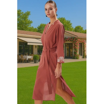 Kadın Midi Boy Flamlı Pamuk Plaj Elbisesi Tek Kol Nakış Detaylı Yüksek Kalite Dayanıklı Malzeme