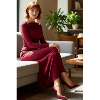 Kadın Midi Boy Kayık Yaka Bodycon Elbise Standart Kollu Büzgülü Düz Örme Kumaş Her Ortama Uygun