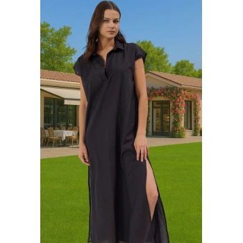 Kadın Midi Boy Pamuklu Vual Plaj Elbisesi Gömlek Yaka Yazlık Günlük Kullanım İçin Konforlu Kesim