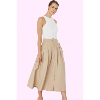 Kadın Midi Boy Pile Detaylı Dokuma Etek A line Kalıp Günlük Şıklık Yaz Aylarının Vazgeçilmezi