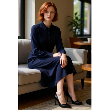 Kadın Midi Boy Polo Yaka Triko Uzun Kollu Shift Kalıp Elbise Modern ve Zarif Görünüm Sunar