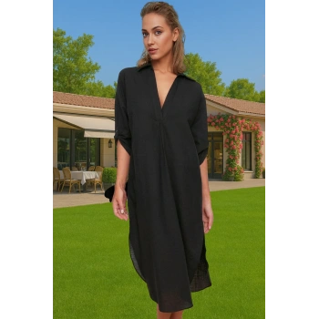 Kadın Midi Boy Poplin Dokuma Plaj Elbisesi Rahat Günlük Yazlık Profesyonel Görünüm Zarifane Tasarım