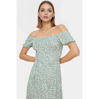 Kadın Midi Elbise Örme Kumaş Carmen Yaka Kısa Kollu Puantiyeli Şık Görünüm Rahat Ve