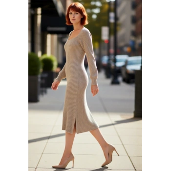 Kadın Midi Kalp Yaka Uzun Kollu Fitilli Triko Elbise A line Kalıbı İle Şık Kış Kombinlerinin