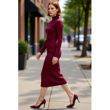 Kadın Midi Örme Elbise Bodycon Kalıbı Dik Yaka Uzun Standart Kol Yırtmaç Detaylı Düz Tasarım Kış