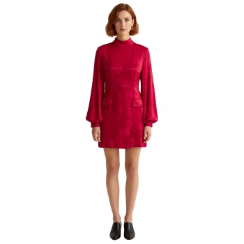 Kadın Mini A Kesim Dokuma Elbise Dik Yakalı Balon Kol Detaylı Şık Kışlık Gündüz Gece Kaliteli