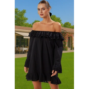 Kadın Mini Boy Carmen Yaka Flamlı Pamuk Plaj Elbisesi Modern Stil Premium Kalite