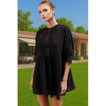 Kadın Mini Boy Shift Flamlı Pamuk Elbise Dantel Detaylı Yazlık Plaj Yüksek Kalite Konforlu Kesim