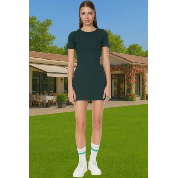 Kadın Mini Elbise Örme Kumaş Bisiklet Yaka Bodycon Kalıp Rahat Konforlu Kesim Modern Stil