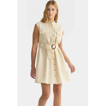 Kadın Mini Gömlek Elbise Kemerli Cep Detaylı Pamuklu Yazlık Uzun Ömürlü Mükemmel Uyum