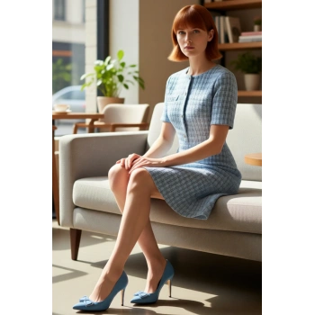 Kadın Mini Tüvit Dokuma Elbise Skater Kesim Bisiklet Yaka Kısa Kollu Zarif Ofis Stili Kaliteli