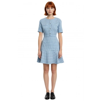 Kadın Mini Tüvit Dokuma Elbise Skater Kesim Bisiklet Yaka Kısa Kollu Zarif Ofis Stili Kaliteli