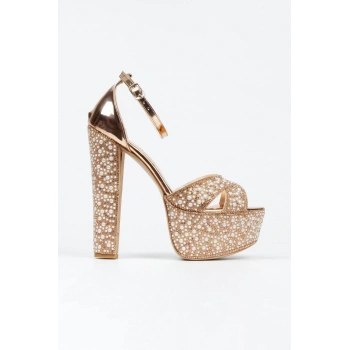 Kadın Moda Ayna Full Inci Taşlı Çapraz Klasik Topuklu Platformlu Düğün Nişan Gece Abiye Ayakkabı
