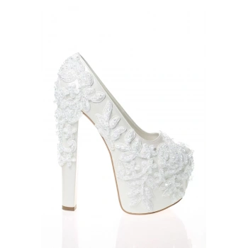 Kadın Moda Beyaz Sedef Inci Taş Işlemeli Gelin Ayakkabı Topuklu Düğün Nişan Gece Abiye Ayakkabı