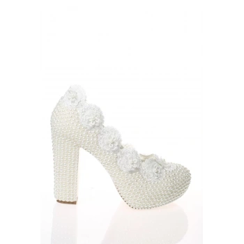 Kadın Moda Beyaz Sedef Inci Taş Işlemeli Gelin Ayakkabı Topuklu Düğün Nişan Gece Abiye Ayakkabı