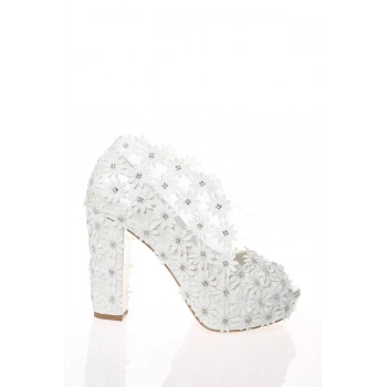 Kadın Moda Beyaz Sedef Inci Taş Işlemeli Gelin Ayakkabı Topuklu Düğün Nişan Gece Abiye Ayakkabı