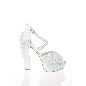 Kadın Moda Beyaz Sedef Inci Taş Işlemeli Gelin Ayakkabı Topuklu Düğün Nişan Gece Abiye Ayakkabı
