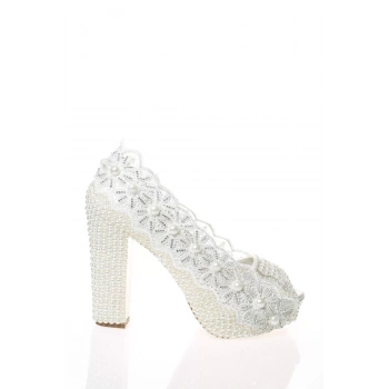 Kadın Moda Beyaz Sedef Inci Taş Işlemeli Gelin Ayakkabı Topuklu Düğün Nişan Gece Abiye Ayakkabı