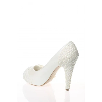 Kadın Moda Beyaz Sedef Inci Taş Işlemeli Gelin Ayakkabı Topuklu Düğün Nişan Gece Abiye Ayakkabı
