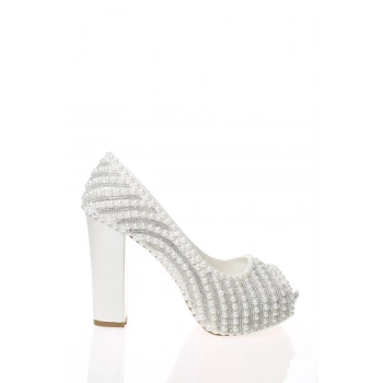 Kadın Moda Beyaz Sedef Inci Taş Işlemeli Gelin Ayakkabı Topuklu Düğün Nişan Gece Abiye Ayakkabı