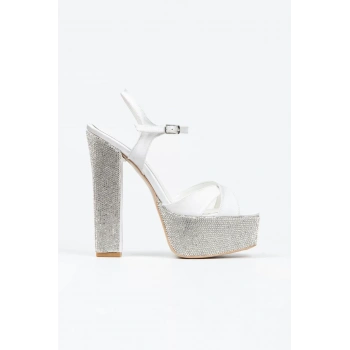 Kadın Moda Gümüş Saten Ökçe-Poli Taşlı Klasik Köşe Kalıplı Kalın Düğün Nişan Gece Abiye Ayakkabı