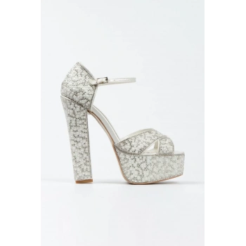 Kadın Moda Gümüş Sultan Full Inci Taşlı Klasik Köşe Kalıplı Kalın Düğün Nişan Gece Abiye Ayakkabı