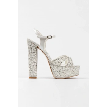 Kadın Moda Platin Ayna Full Inci Taşlı Klasik Köşe Kalıplı Kalın Düğün Nişan Gece Abiye Ayakkabı