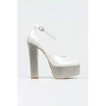 Kadın Moda Sedef Cilt Ökçe Poli Taşlı Klasik Köşe Kalıplı Kalın Düğün Nişan Gece Abiye Ayakkabı