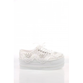 Kadın Moda Şık Beyaz Çınar Taşlı Dolgu Topuklu Ayakkabı Topuklu Düğün Nişan Gece Abiye Ayakkabı