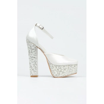 Kadın Moda Şık Cilt Ökçe Poli Inci Taşlı Klasik Köşe Kalıplı Kalın Düğün Nişan Gece Abiye Ayakkabı