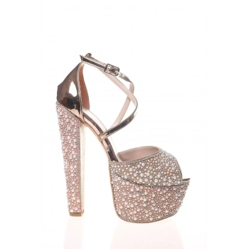 Kadın Moda Şık Gold Ayna Full Inci Taş Topuklu Düğün Nişan Gece Abiye Ayakkabı