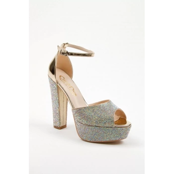 Kadın Moda Şık Gold Ayna Full Taş Yüksek Topuk Düğün Nişan Gece Abiye Ayakkabı