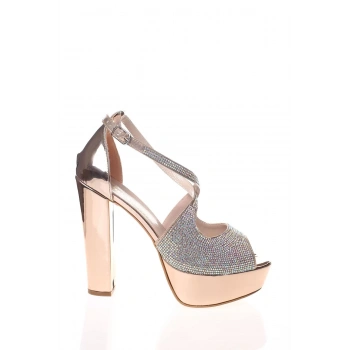 Kadın Moda Şık Gold Ayna Yüz Taş Topuklu Zarif Tasarım Düğün Nişan Gece Abiye Ayakkabı