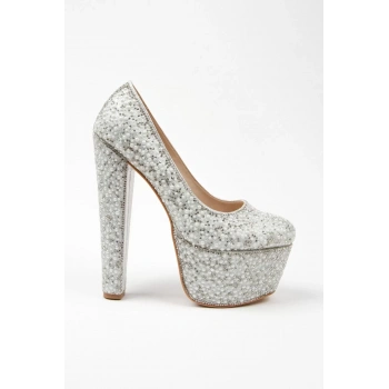 Kadın Moda Şık Gümüş Full Inci Zarif Tasarım Düğün Nişan Gece Abiye Ayakkabı