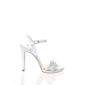 Kadın Moda Şık Platin Ayna Örgü Taş Topuklu Zarif Tasarım Düğün Nişan Gece Abiye Ayakkabı