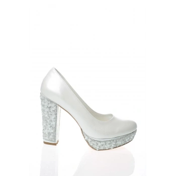 Kadın Moda Şık Sedef Cilt Ökçe Poli İnci Taş Topuklu Düğün Nişan Gece Abiye Ayakkabı