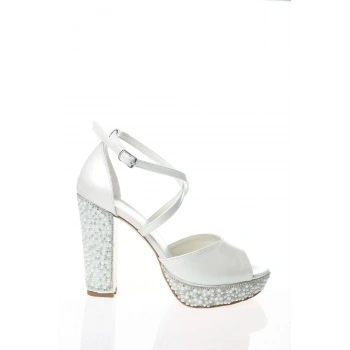 Kadın Moda Şık Sedef Cilt Ökçe Poli İnci Taş Topuklu Düğün Nişan Gece Abiye Ayakkabı