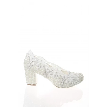 Kadın Moda Şık Sedef Inci Taş Işlemeli Gelin Ayakkabı Topuklu Düğün Nişan Gece Abiye Ayakkabı