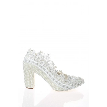Kadın Moda Şık Sedef Inci Taş Işlemeli Gelin Ayakkabı Topuklu Düğün Nişan Gece Abiye Ayakkabı