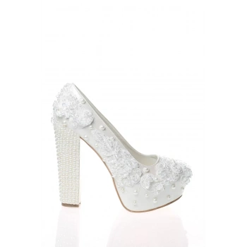 Kadın Moda Şık Sedef Inci Taş Işlemeli Gelin Ayakkabı Topuklu Düğün Nişan Gece Abiye Ayakkabı