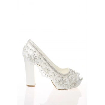 Kadın Moda Şık Sedef Inci Taş Işlemeli Gelin Ayakkabı Topuklu Düğün Nişan Gece Abiye Ayakkabı